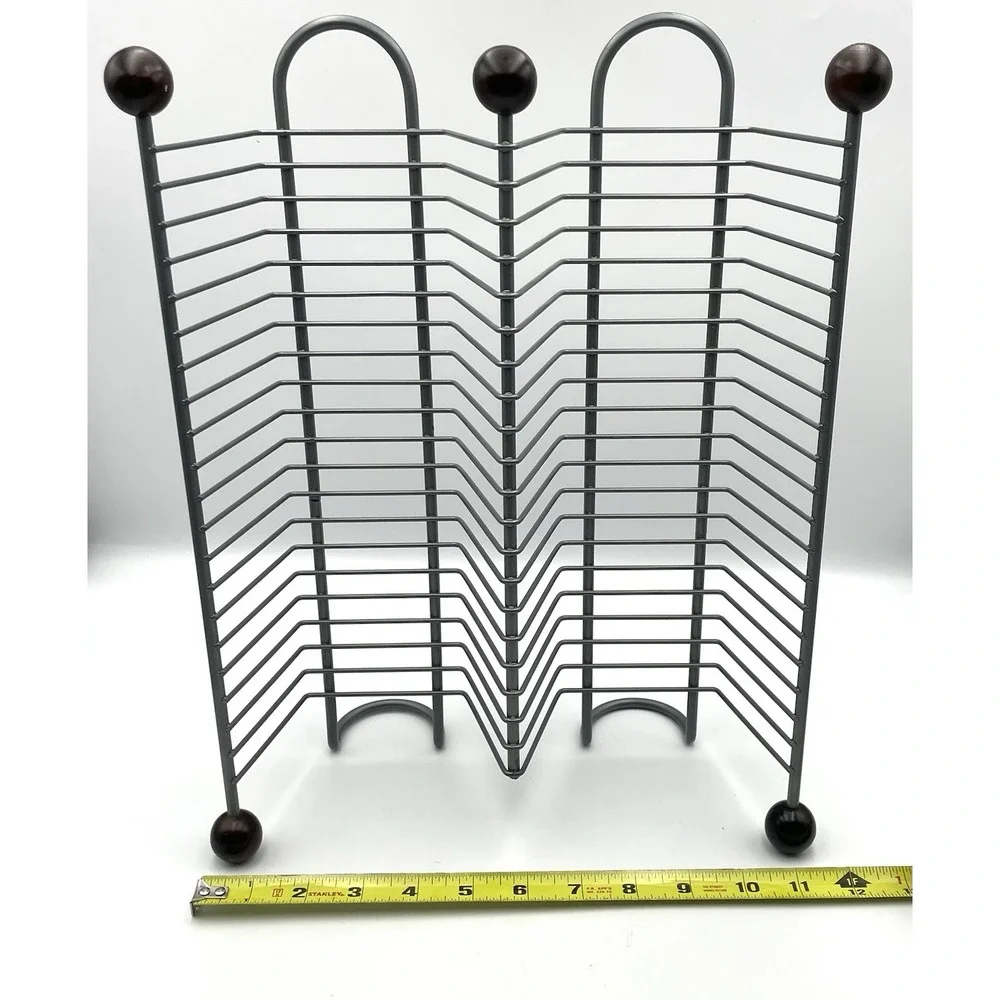 Vintage 1990s Metal Wire 40 CD Storage Rack Holder Organizer Gray Wood Ball Feet